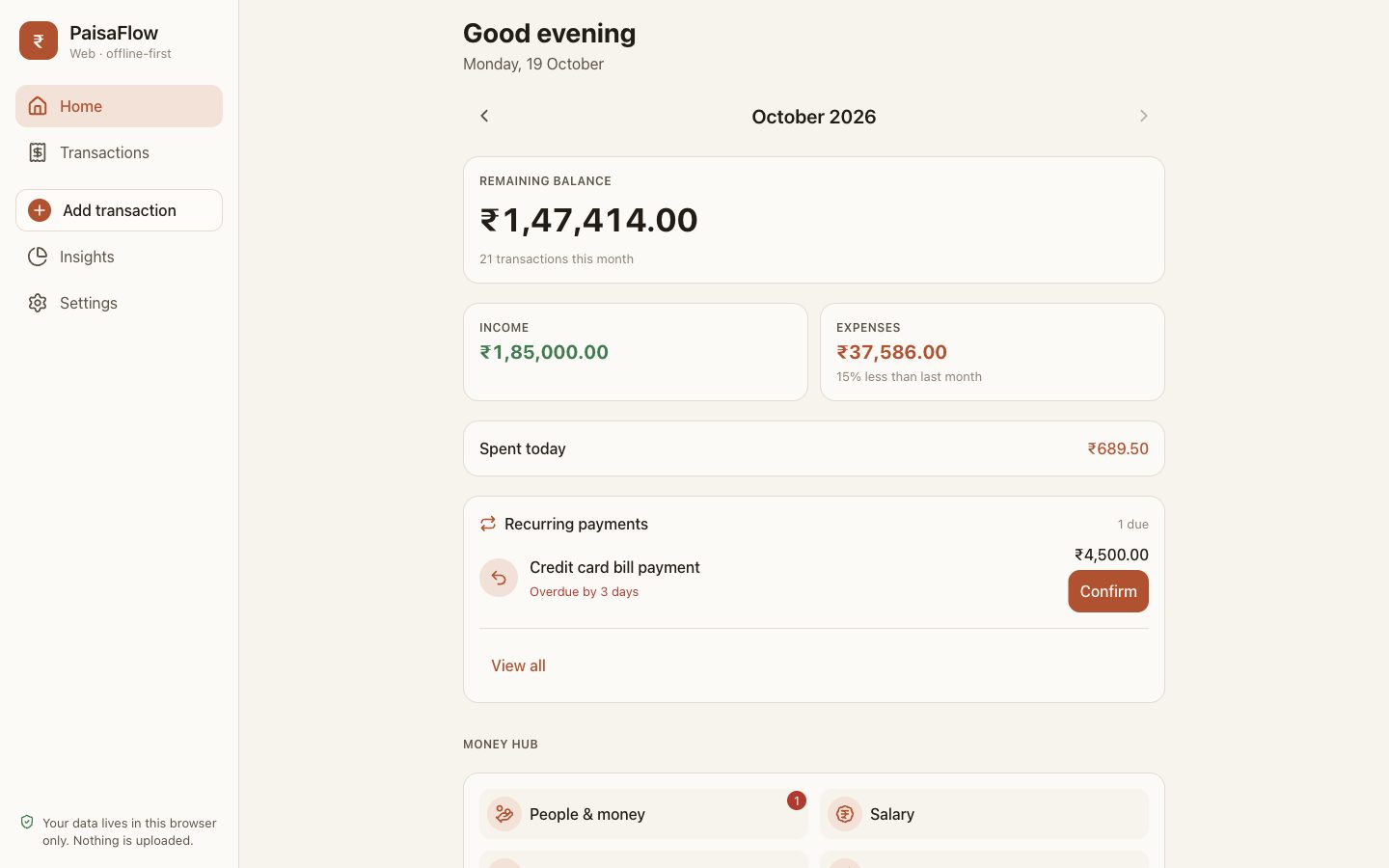 PaisaFlow web app on a desktop: left sidebar with Home, Transactions, Add transaction, Insights and Settings; dashboard showing remaining balance, income, expenses and a due credit-card bill.