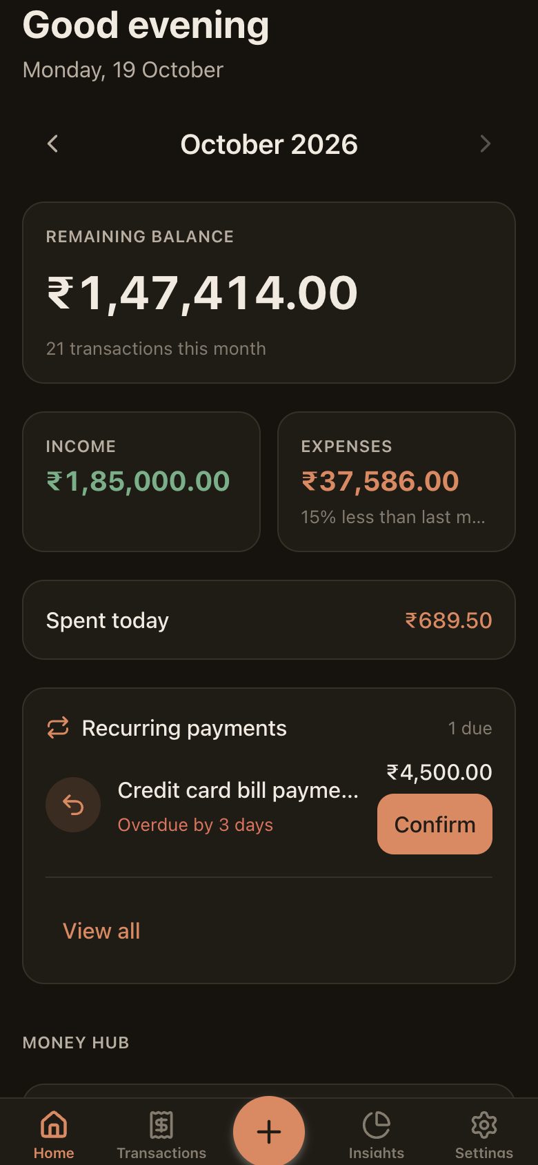 PaisaFlow on a phone in dark mode: monthly summary cards and the money hub grid.