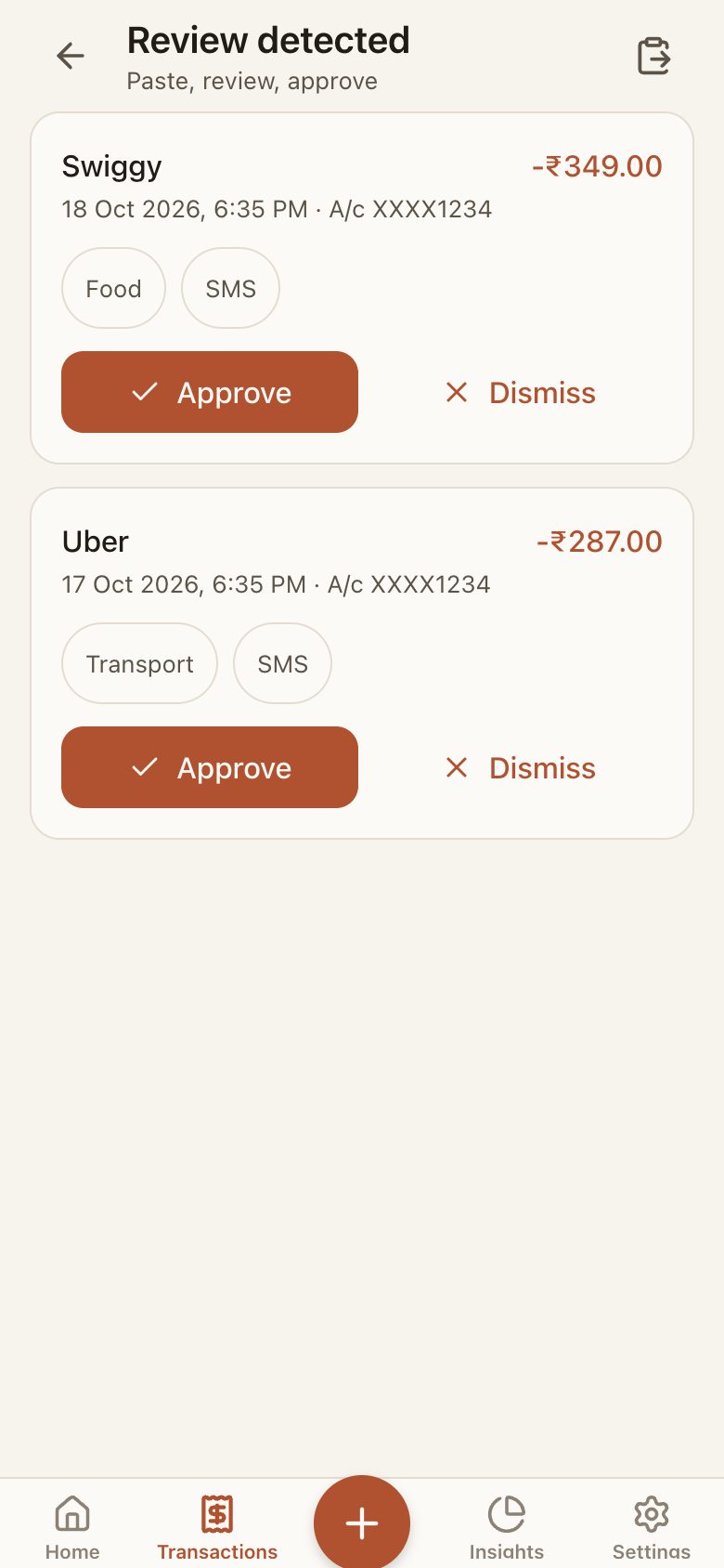 Review inbox for pasted bank alerts, each with approve and dismiss buttons.