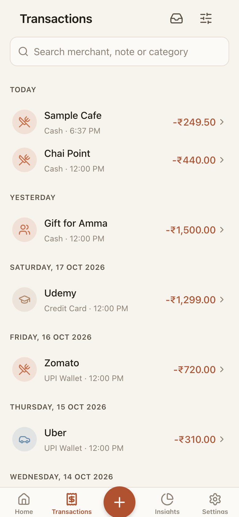 Transactions list grouped by day with search and filters.